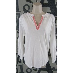 Ann Taylor LOFT Women XL White Heather Coral Trim Tab Sleeve V-Neck Knit Top